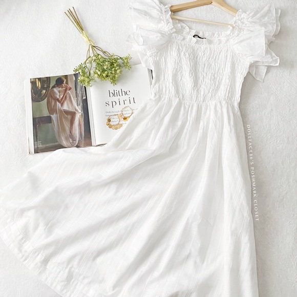 Banana Republic White Smocked Chest Fit & Flare Dress with Ruffle Sleeves - Picture 2 of 12